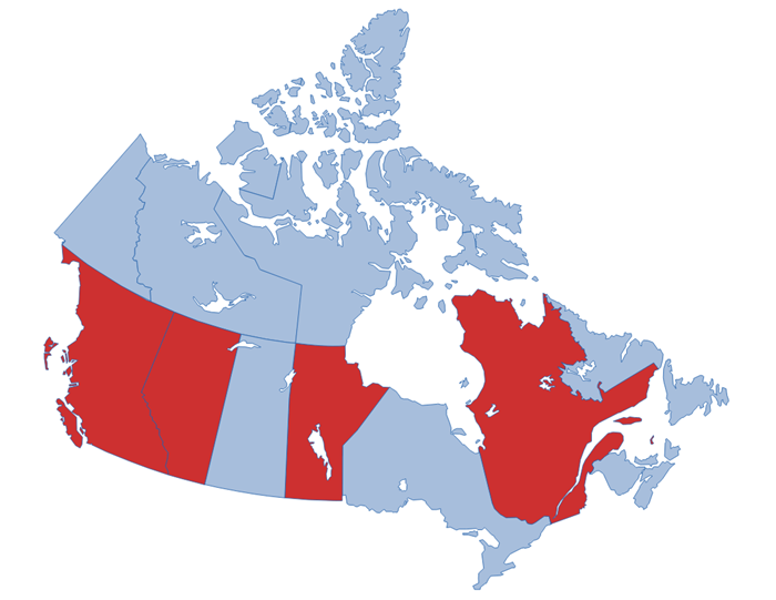 A map of Canada showing the four Provinces we are running the program in: British Columbia, Alberta, Manitoba and Quebec.