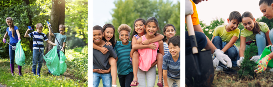 A series of three photographs of children engaged in their community. They are doing work that helps the environment, the communtiy and each other.